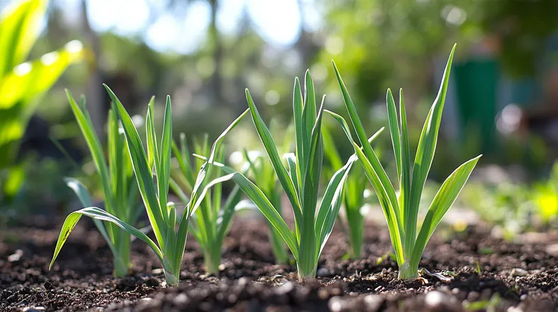 Garlic plant with long green leaves