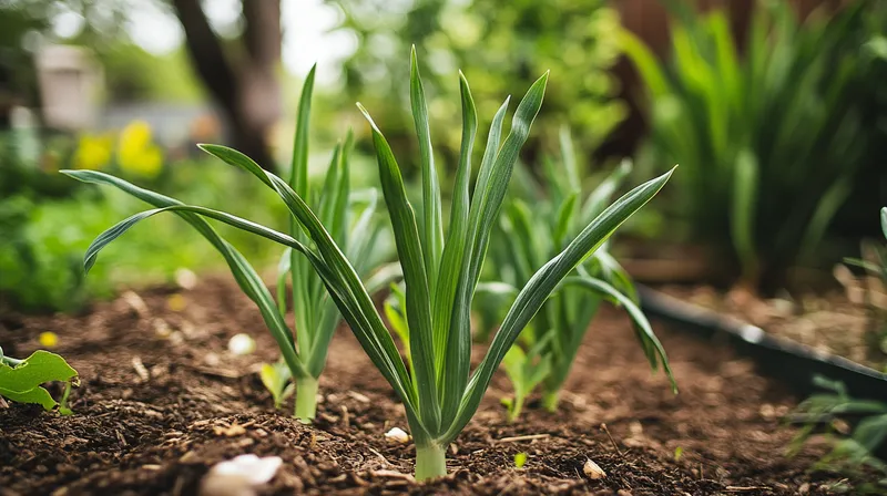 Garlic growing in raised bed