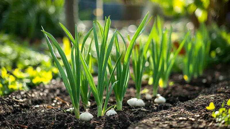 Mature garlic plant with scapes