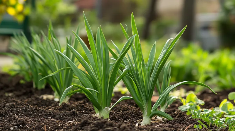 Healthy garlic bed in full growth