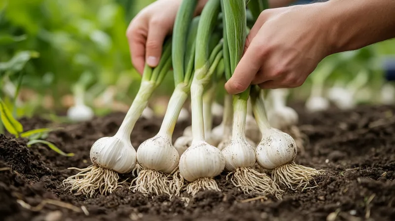 Hand holding a harvested garlic bulb