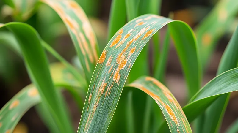 Garlic plant with yellowing leaves
