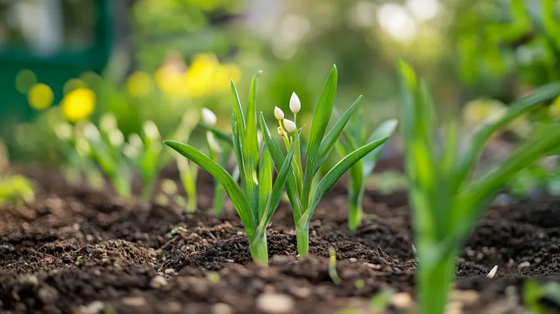 Garlic clove sprouting green shoots