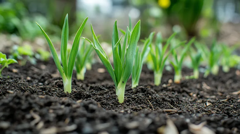 Young garlic plant emerging from soil