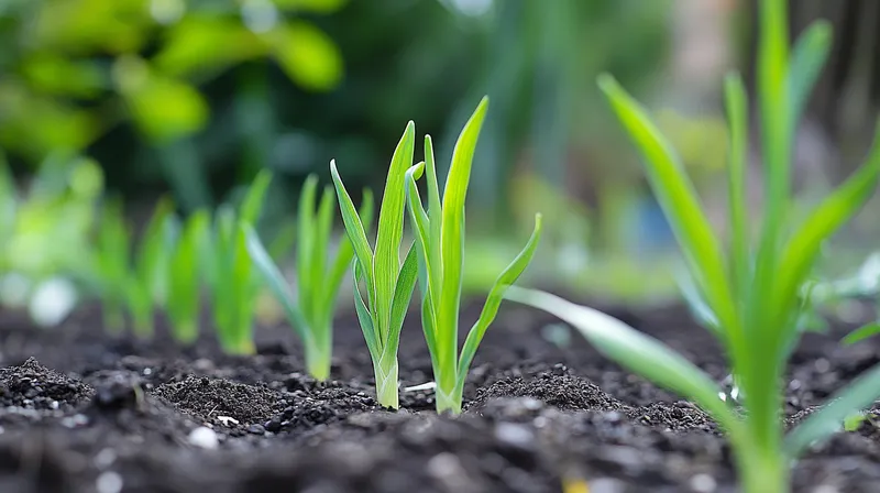 Garlic seedling with first leaves
