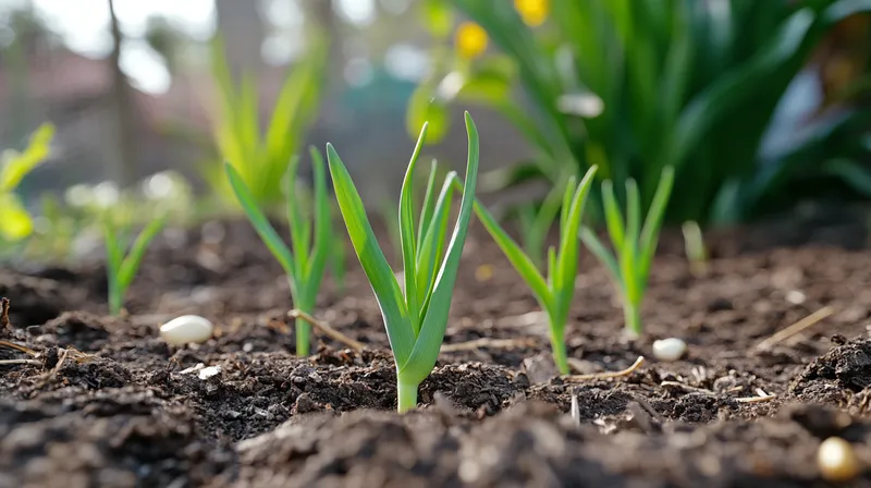 Garlic shoots in a garden row