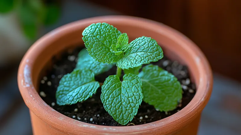 Young mint plant with fresh leaves