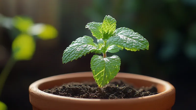 Mint seedling in garden bed