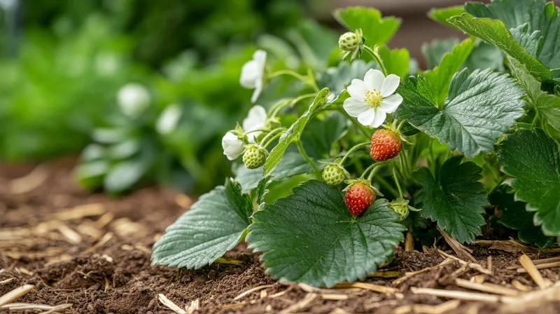 Strawberry plant with white flowers