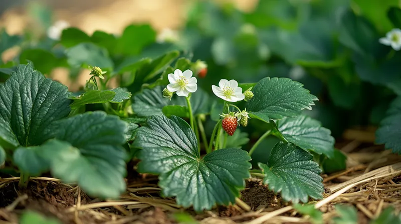 Strawberry plant with green fruit forming