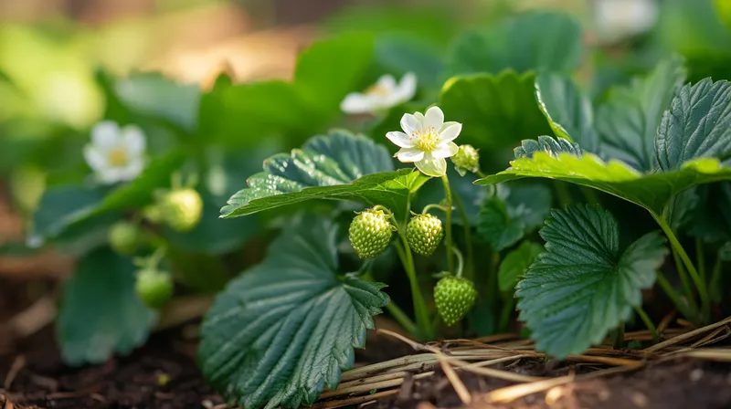 Healthy strawberry plant in garden bed