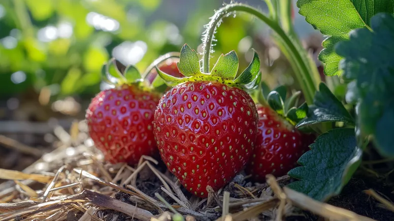 Ripe red strawberries on the plant