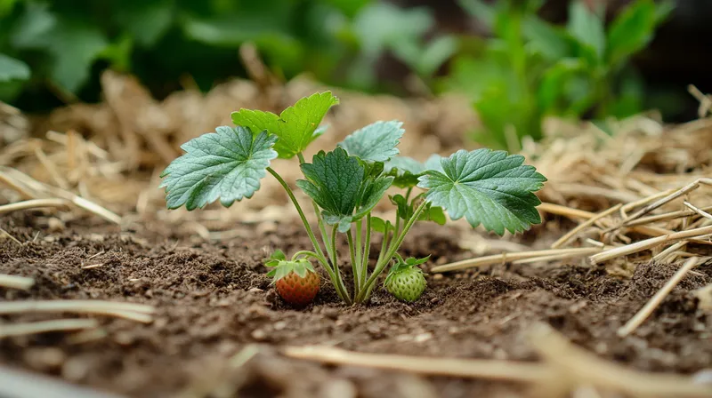 New strawberry plant with first leaves