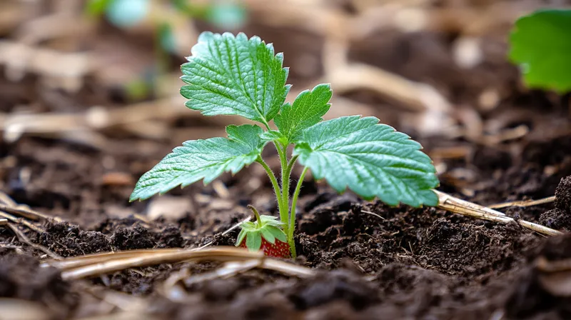 Strawberry plant just planted in soil