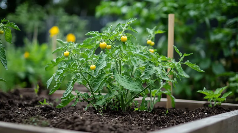 Tomato plant staked in a raised bed with green fruit forming