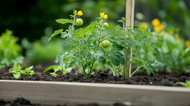 Tomato plant with yellow flowers and small green fruit