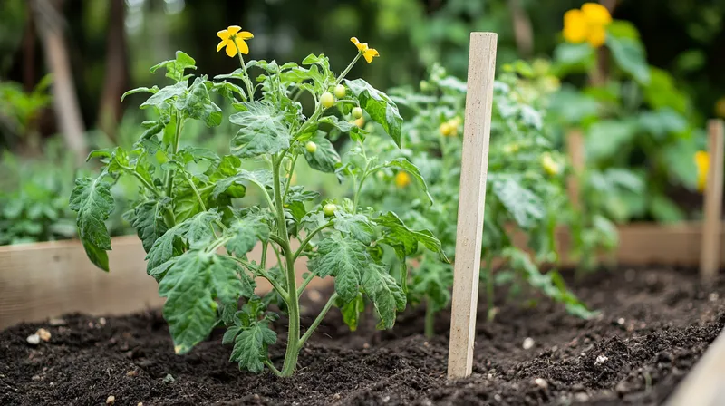 Healthy tomato plant staked with wooden stake