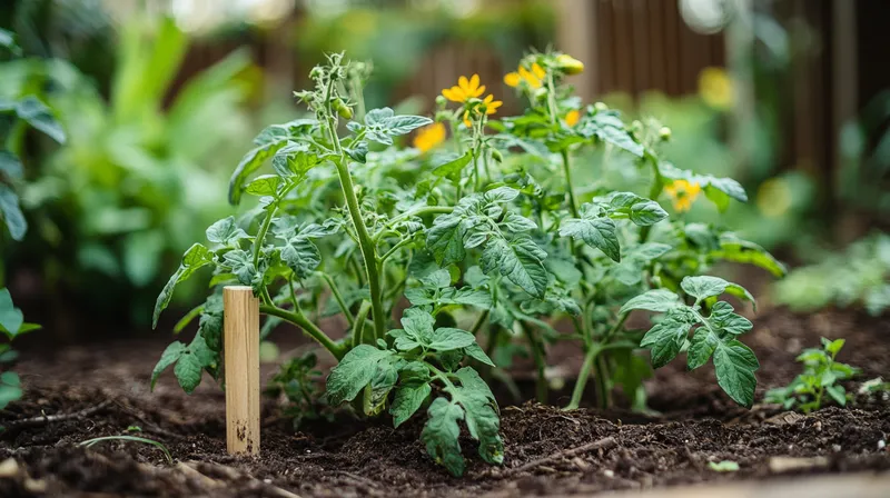 Tomato plant with lush foliage in garden bed