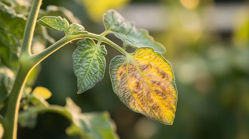 Tomato leaf showing early blight with brown spots and yellowing