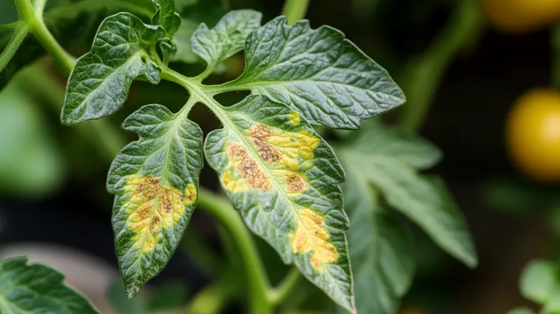 Tomato leaf with brown disease spots