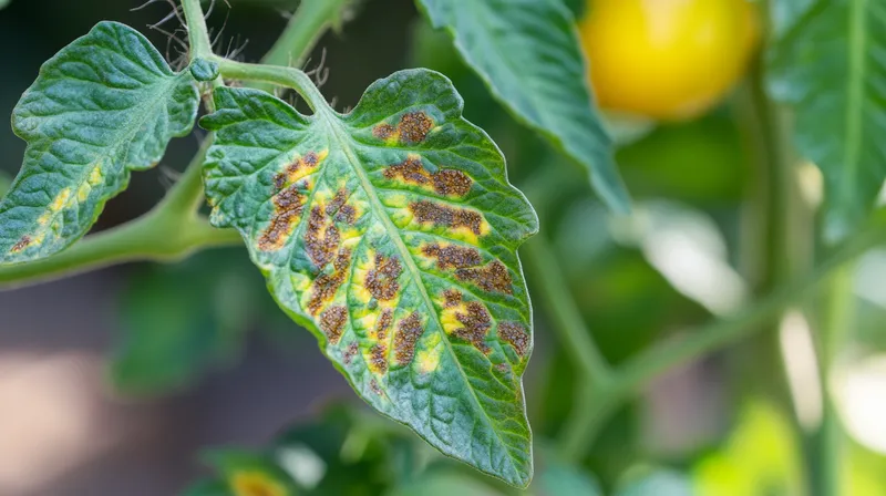 Yellowing tomato leaf with blight damage