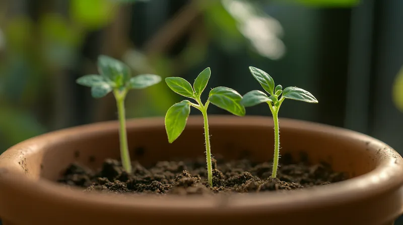 Tomato seedlings emerging in a pot