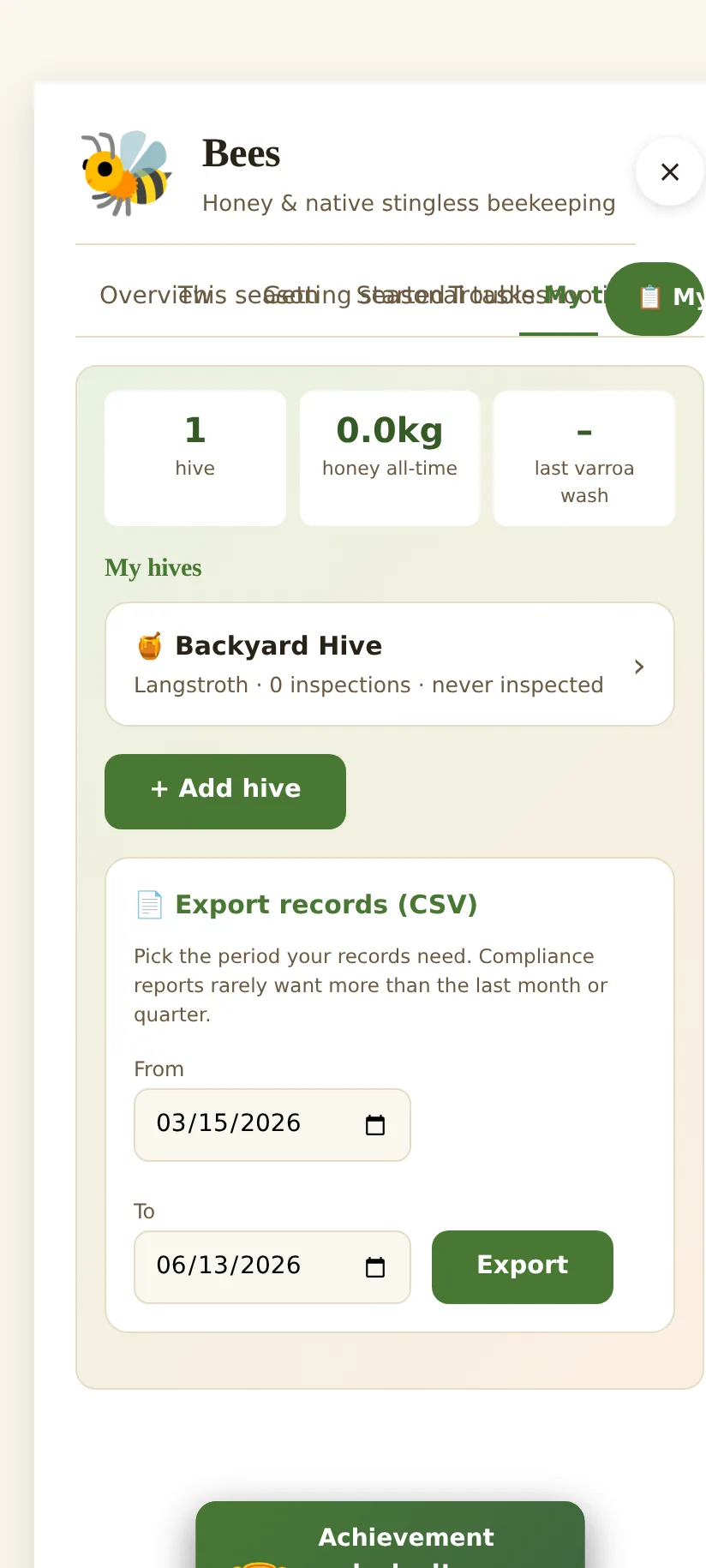 The Bee tracker: a card per hive with inspections, varroa checks, treatments and harvests.