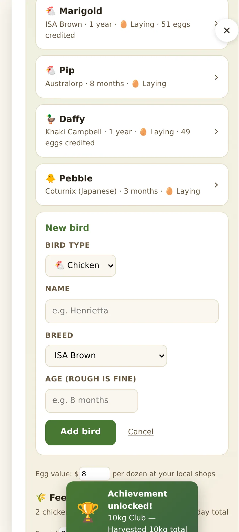 Adding a bird: choose chicken, duck or quail, then name, breed and age.