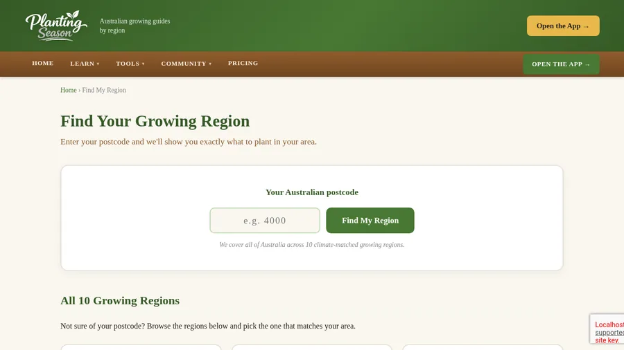 Find My Region: enter a postcode and the whole site re-tunes to your local climate.