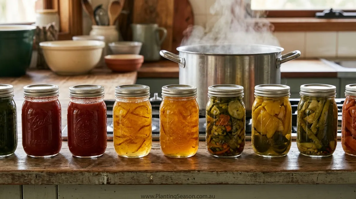 Jars of homemade passata, jam and preserves