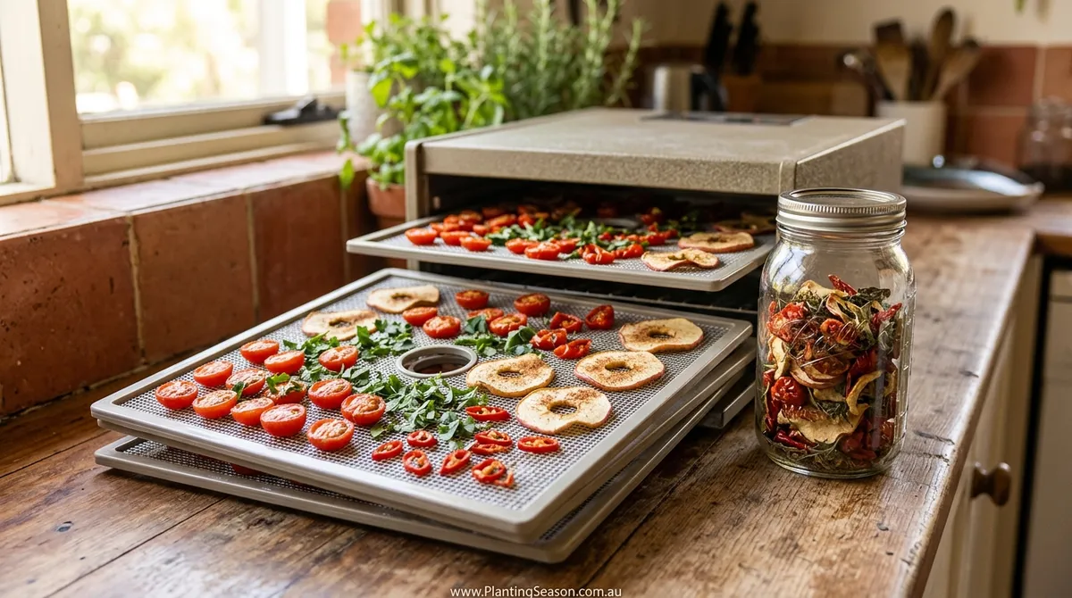 Trays of drying tomatoes, fruit and herbs