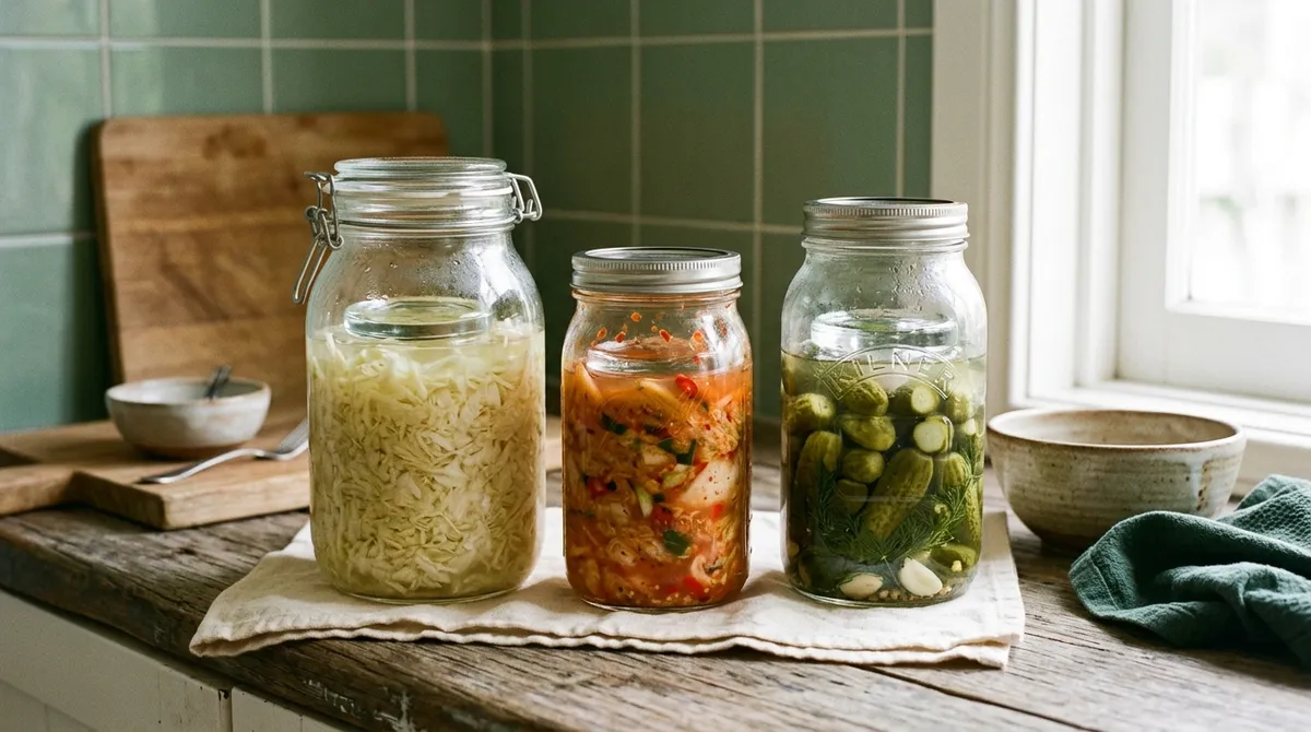 Jars of fermenting sauerkraut and pickled vegetables