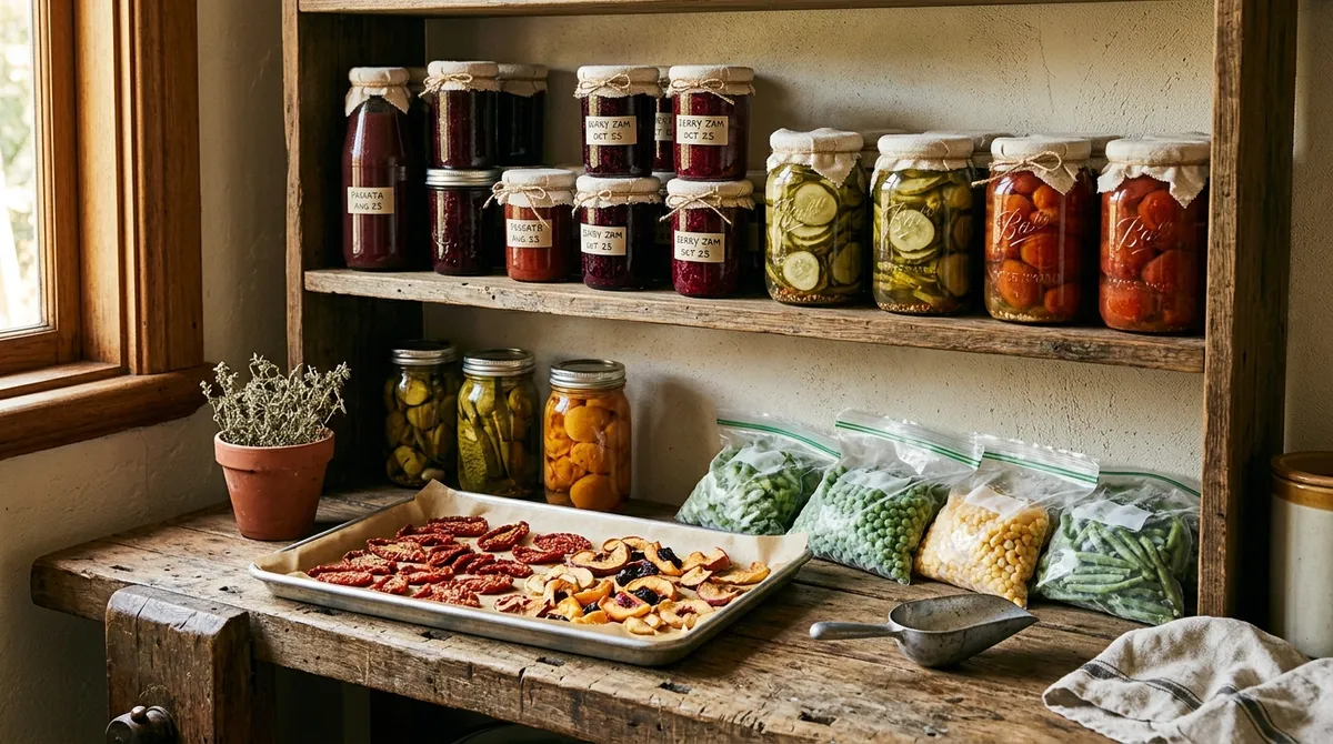 Shelves of preserved produce: jars, dried fruit and frozen vegetables