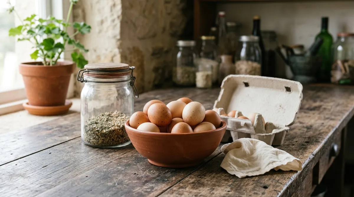 A bowl of fresh backyard eggs beside a storage crock