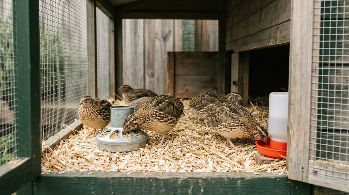 Coturnix quail in a backyard hutch