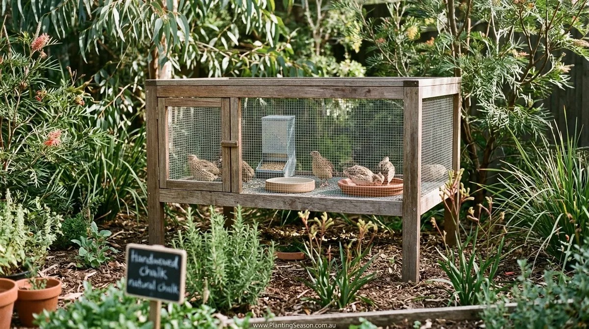 A quail hutch setup with feeder and water