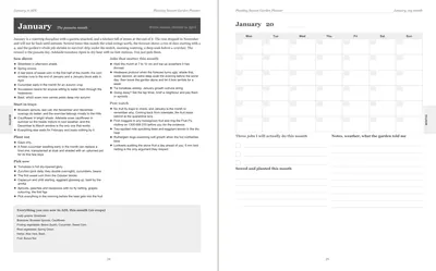 Pages 24 and 25 of the Adelaide Garden Planner: January's pre-printed Adelaide page with what to sow, plant out and pick, the jobs and the pest watch, beside a blank Monday-start month grid
