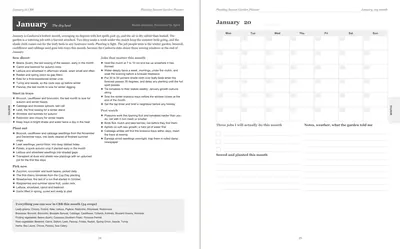 Pages 24 and 25 of the Canberra Garden Planner: January's pre-printed Canberra page with what to sow, plant out and pick, the jobs and the pest watch, beside a blank Monday-start month grid