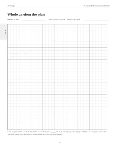 Page 10 of the Darwin Garden Planner: a whole-garden bed map on a fine grid with a bold line every few squares, a scale line and a header for the bed, sun and season