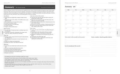 Pages 24 and 25 of the Darwin Garden Planner: January's pre-printed Darwin page with what to sow, plant out and pick, the jobs and the pest watch, beside a blank Monday-start month grid
