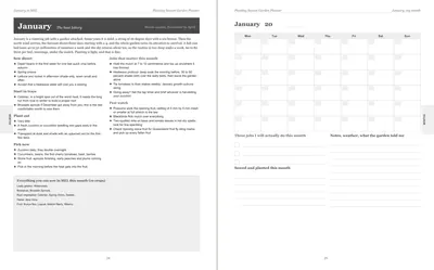 Pages 24 and 25 of the Melbourne Garden Planner: January's pre-printed Melbourne page with what to sow, plant out and pick, the jobs and the pest watch, beside a blank Monday-start month grid