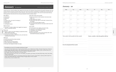 Pages 24 and 25 of the Northern Rivers Garden Planner: January's pre-printed Northern Rivers page with what to sow, plant out and pick, the jobs and the pest watch, beside a blank Monday-start month grid