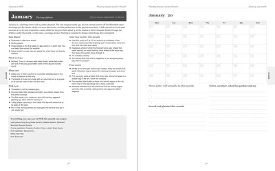 Pages 24 and 25 of the Perth Garden Planner: January's pre-printed Perth page with what to sow, plant out and pick, the jobs and the pest watch, beside a blank Monday-start month grid