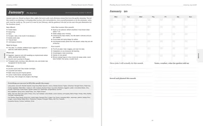 Pages 24 and 25 of the South East Queensland Garden Planner: January's pre-printed South East Queensland page with what to sow, plant out and pick, the jobs and the pest watch, beside a blank Monday-start month grid
