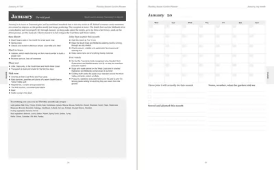 Pages 24 and 25 of the Tasmania Garden Planner: January's pre-printed Tasmania page with what to sow, plant out and pick, the jobs and the pest watch, beside a blank Monday-start month grid