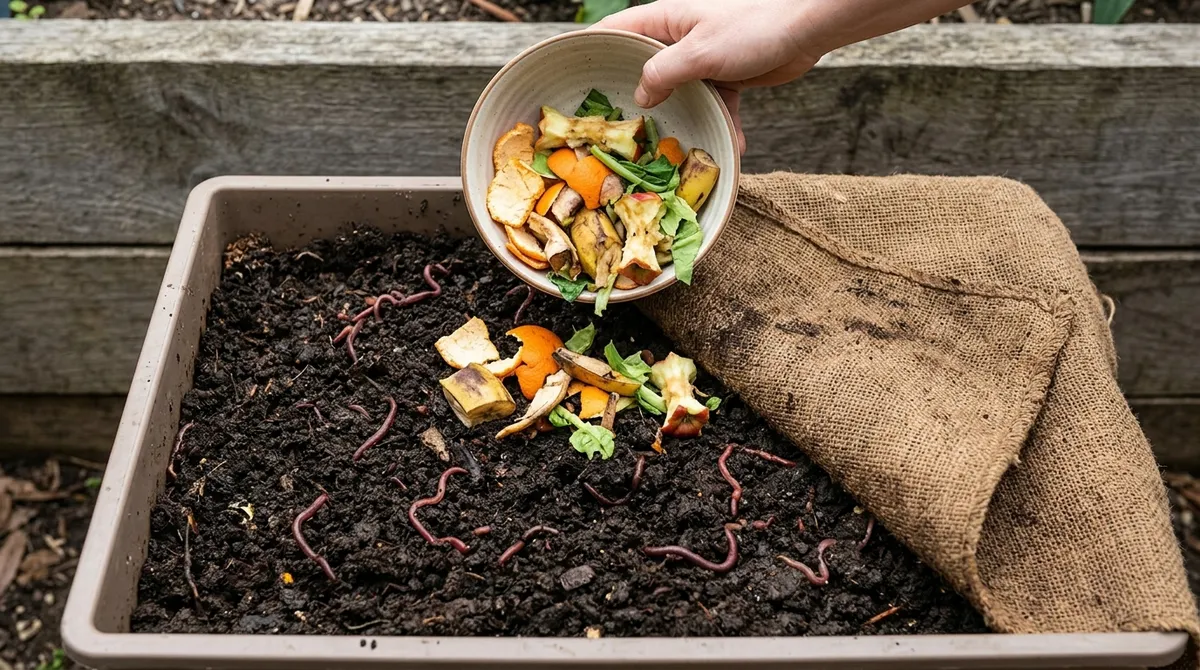 Kitchen scraps being added to a worm farm