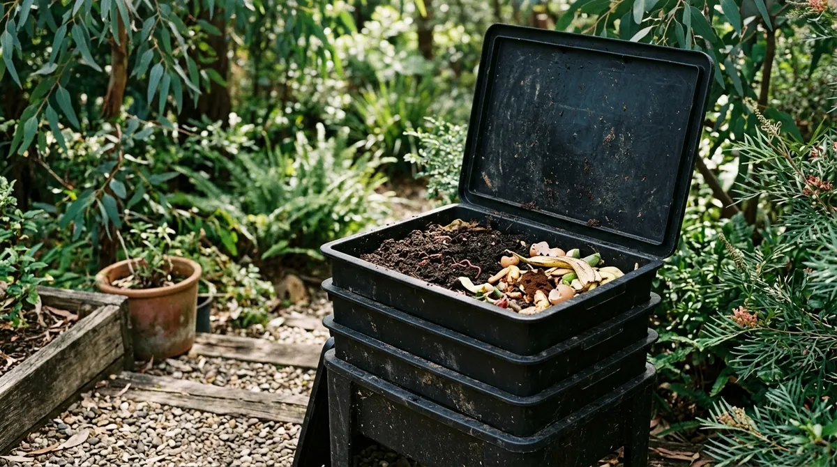 Backyard worm farm with kitchen scraps and compost worms