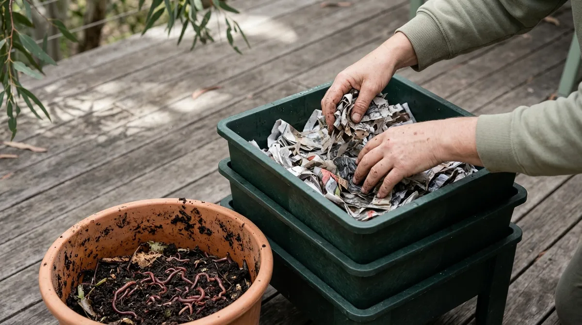 Setting up a tiered worm farm with bedding